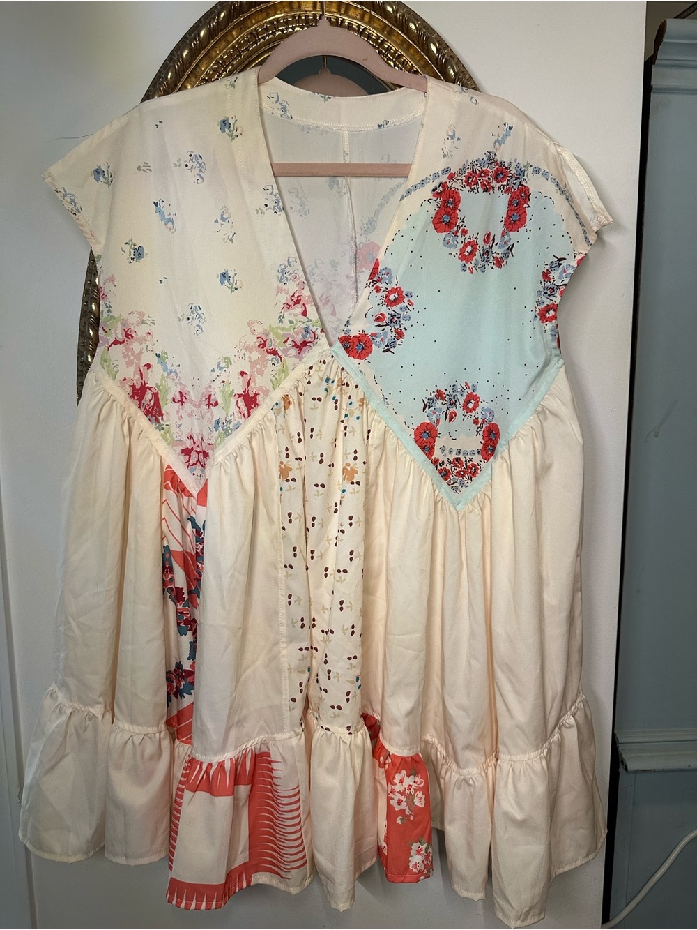 Source Unknown Cream Floral Patchwork Mini Dress with Coral and Mint Accents